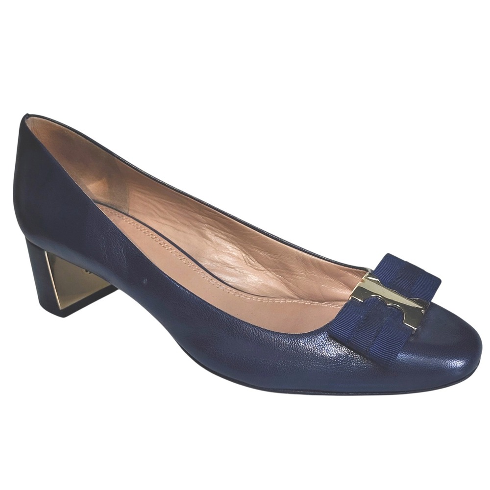 Tory Burch Gemini Link Navy Blue Leather Gold Block Heel Bow Pumps Size 9 32581